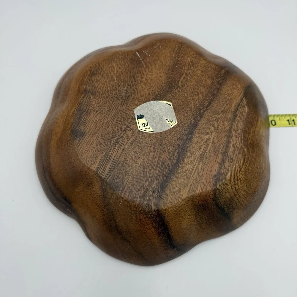 Vtg MCM Monkey Pod Wood Bowl with 12 Pieces of Wooden Fruit Farm Country English
